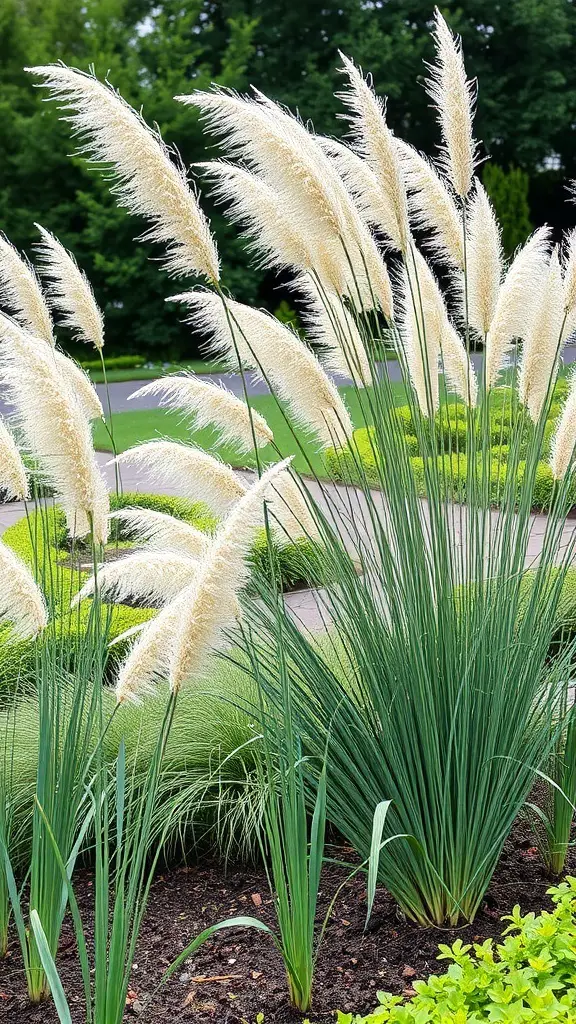 Tall pampas grass with feathery plumes in a garden setting