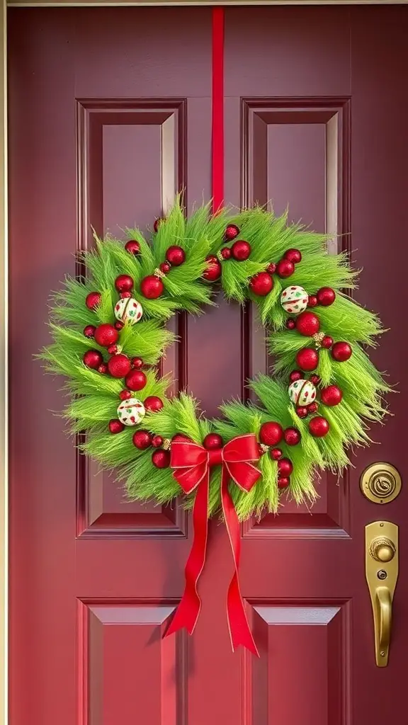 29+ Creative Dollar Tree Grinch Ideas to Spread Holiday Cheer 11 A vibrant green wreath with red ornaments and a bow, inspired by the Grinch, hanging on a door.