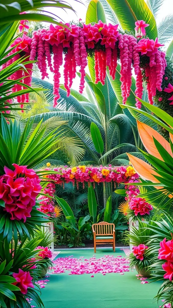 27+ Stunning Wedding Theme Color Schemes to Inspire Your Big Day 20 A tropical wedding setting with vibrant pink flowers and lush green foliage.