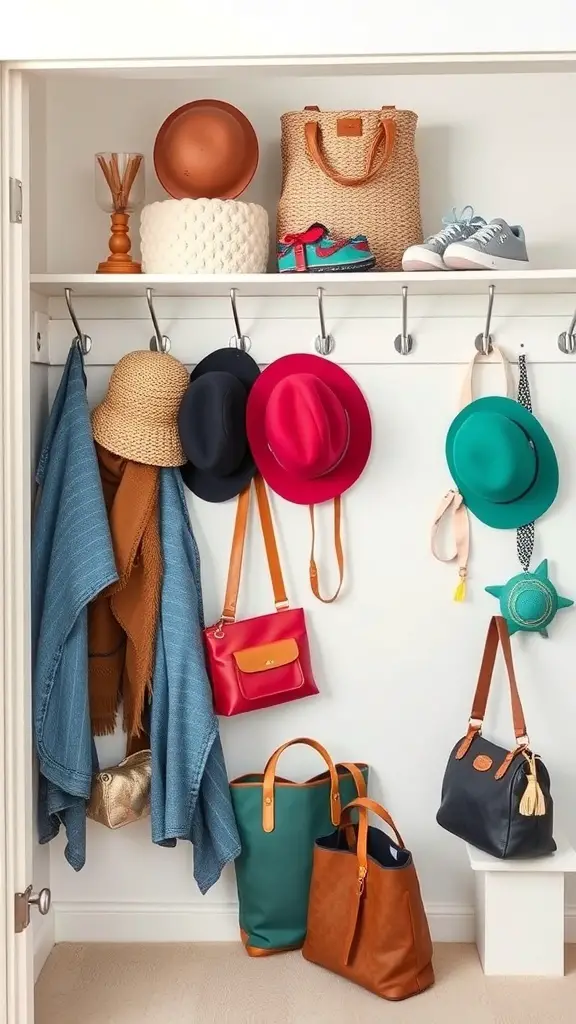 A well-organized kids closet with hooks displaying hats, bags, and accessories.