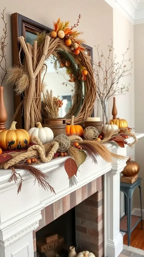 27+ Stunning Fall Mantle Decor Ideas You’ll Love 14 A fall-themed mantle decor featuring pumpkins, pinecones, a fabric wreath, and candles.