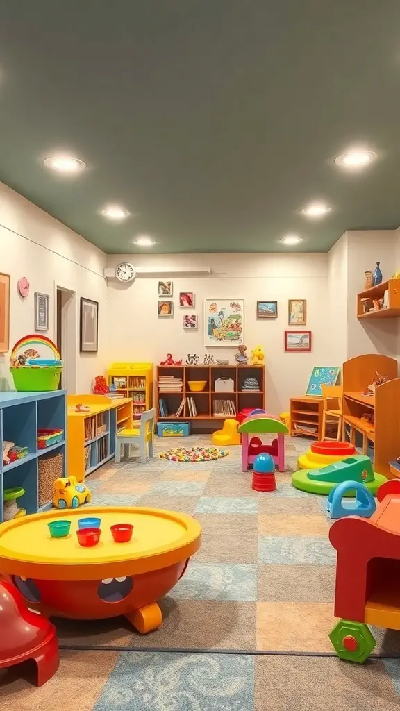 27+ Creative Open Basement Ideas You’ll Love 14 A colorful playroom for kids with toys, bookshelves, and playful decor.