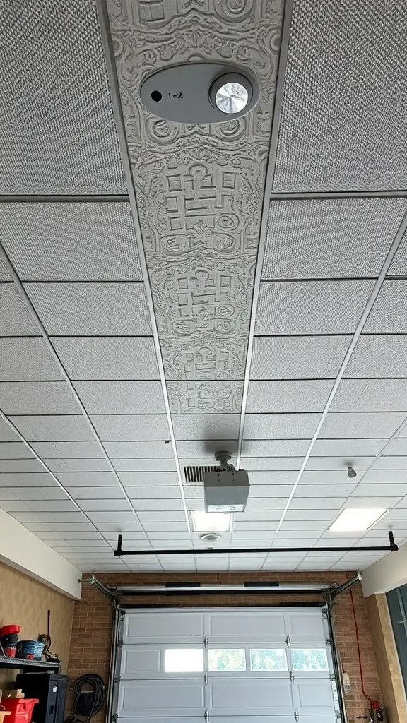 Vinyl ceiling panels in a garage with a projector and lights