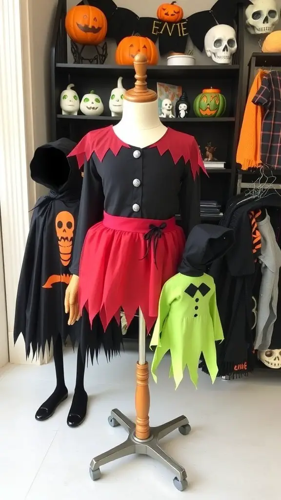 A spooky witch costume displayed with other Halloween costumes and decorations.