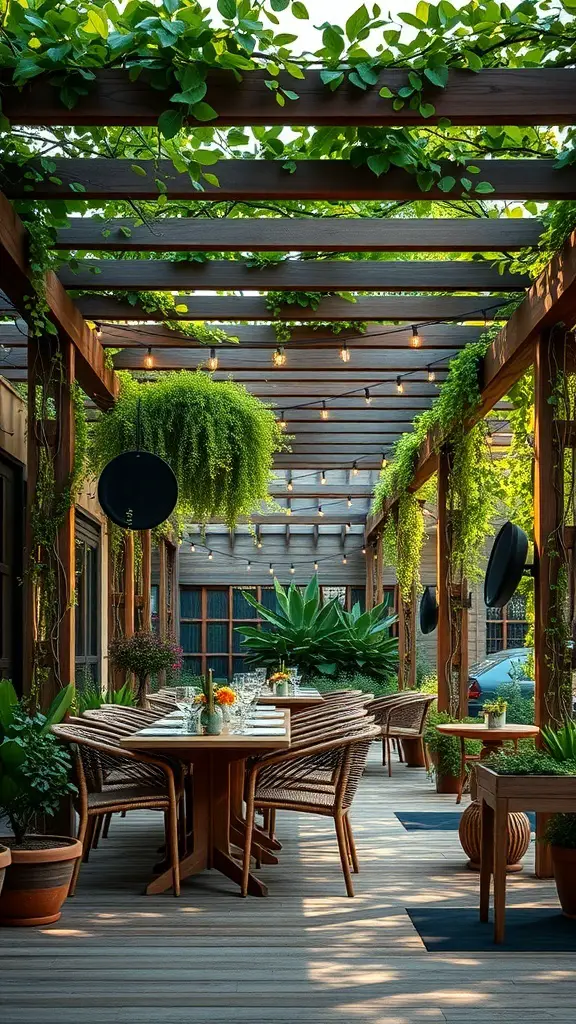 Outdoor dining area featuring a wooden pergola with greenery and comfortable seating.