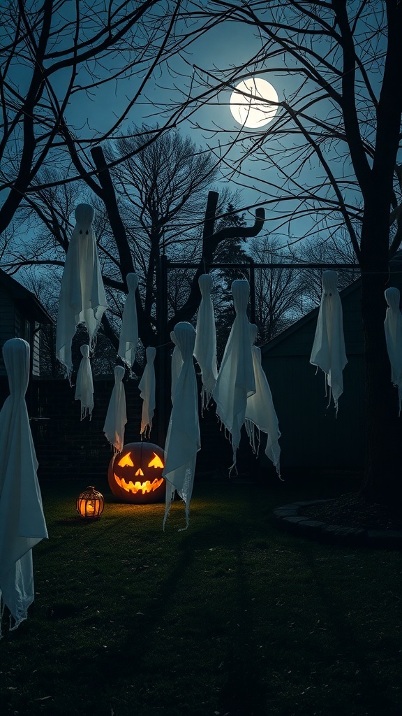 29+ Creative Halloween DIY Decorations to Scare Up Your Home 9 A spooky Halloween scene featuring creepy cloth ghosts hanging from trees, with glowing jack-o'-lanterns in the foreground.