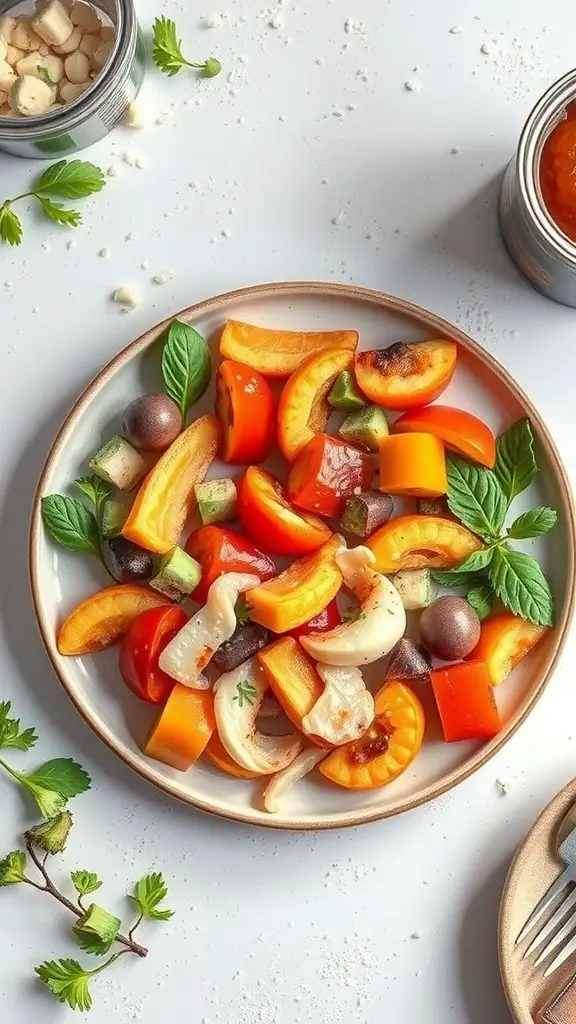 A colorful plate of mixed vegetables with canned ingredients, showcasing a vibrant and appealing dish.