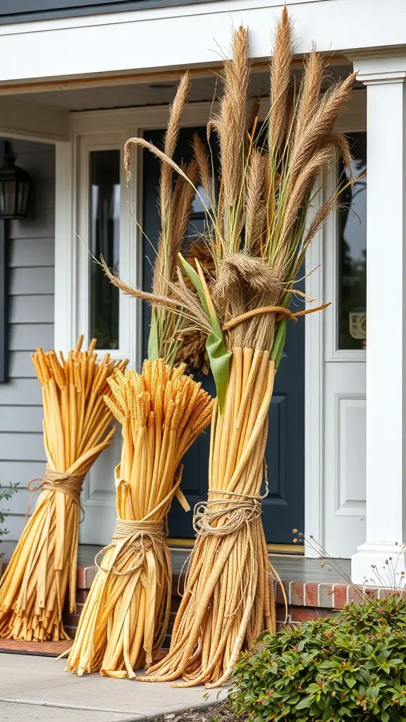 29+ Creative Fall Outdoor Decor Ideas to Transform Your Space 17 Decorative cornstalk bundles arranged at a front entrance