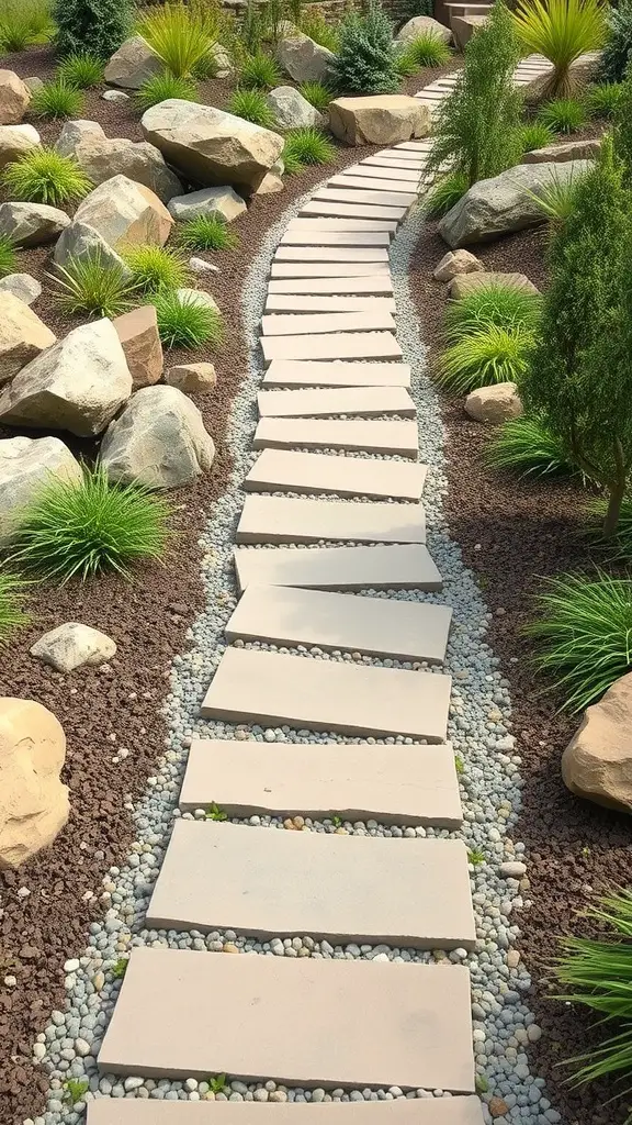 25+ Inspiring Rock Bed Landscaping Ideas for Your Garden 15 A winding pathway made of rectangular stones surrounded by gravel and plants.