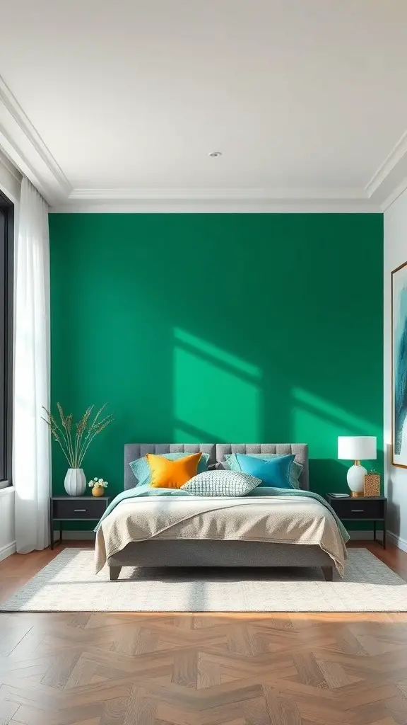 35+ Stunning Dark Green Bedroom Ideas for a Cozy Retreat 9 A bedroom featuring a bold emerald green accent wall with neutral bedding and colorful cushions.
