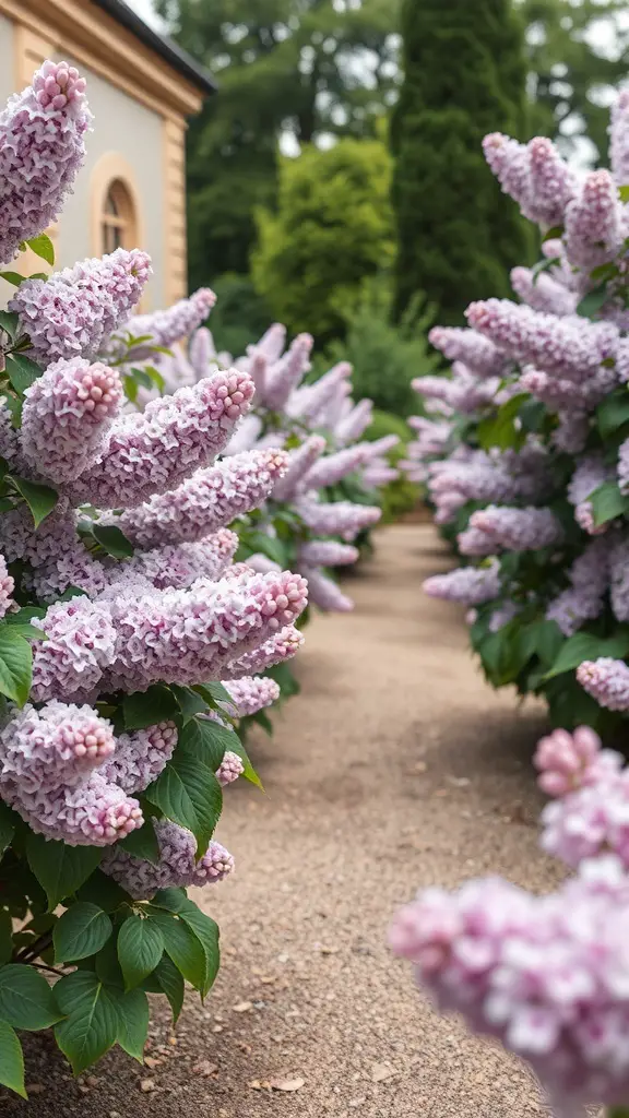 19+ Stunning Lilac Bush Landscaping Ideas for Your Garden 18 Pathway lined with blooming lilac bushes in a garden setting.