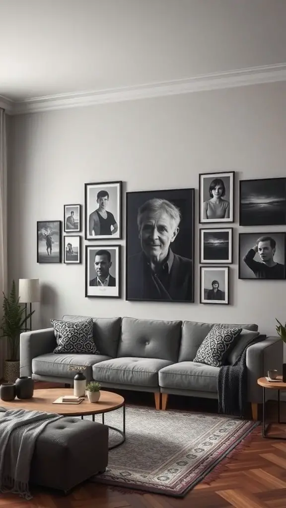 A cozy living room featuring a gallery wall of black-and-white portraits, a grey couch, and a wooden coffee table.