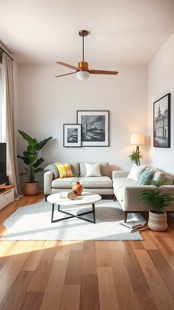 27+ Stunning Small Living Room and Dining Area Combinations 8 Cozy small living room with a dining area featuring a sectional sofa, coffee table, and plants.