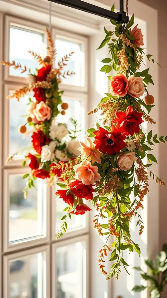 23+ Stunning Fall Garland Ideas for a Cozy Home Decor 19 A beautiful display of fall garlands featuring vibrant flowers and lush greenery, perfect for seasonal decor.