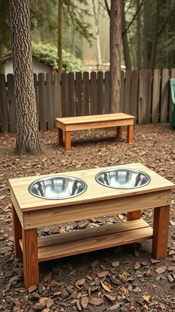 Wooden elevated dog feeding station with stainless steel bowls in a natural setting