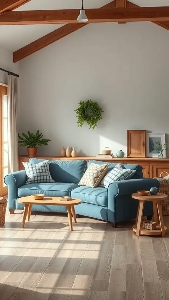 Cozy farmhouse living room featuring a blue sofa, wooden furniture, and natural light.