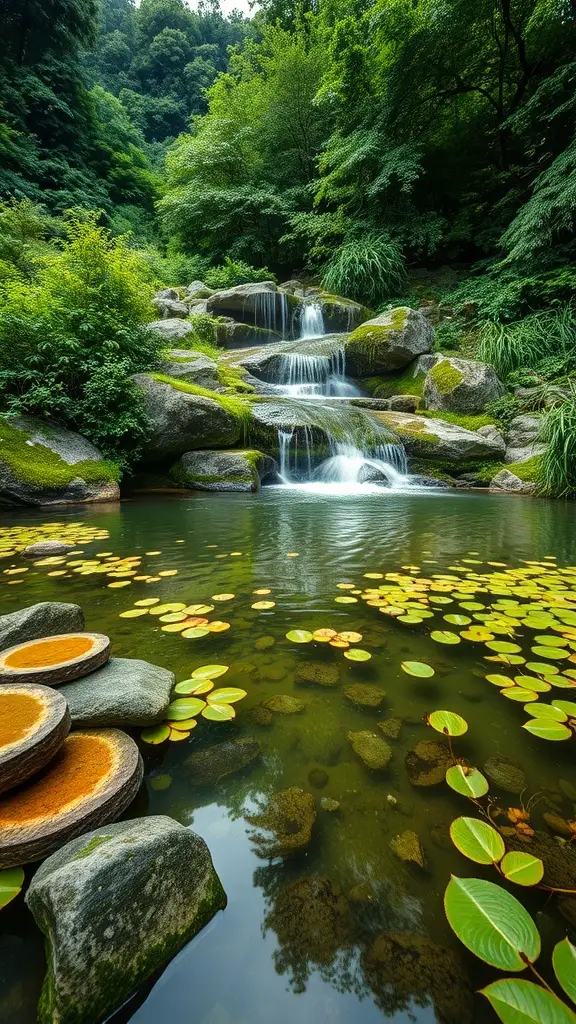 A tranquil water feature with a waterfall and lily pads surrounded by lush greenery.