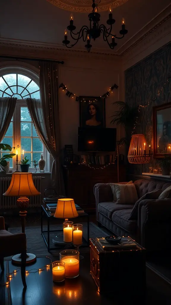 25+ Dark Academia Living Room Essentials You Need for a Cozy Aesthetic 5 A cozy dark academia living room with layered lighting, featuring candles, wall sconces, and a large window.