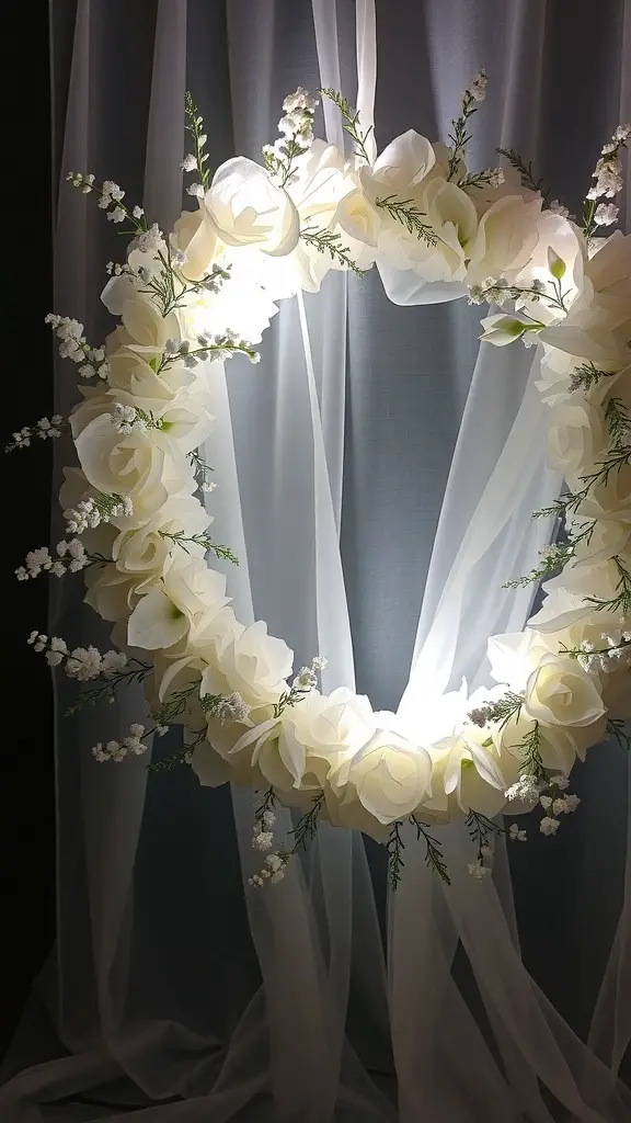 27+ Spooktacular Halloween Wreath Ideas to Enhance Your Decor 3 A ghostly white floral wreath with soft white flowers and greenery, illuminated softly against a backdrop.