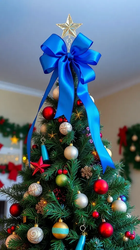 A Christmas tree decorated with a blue ribbon bow and colorful ornaments.