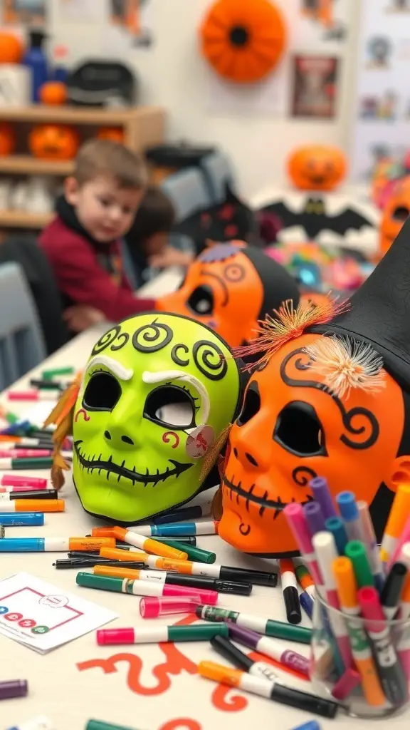 27+ Fun Halloween Crafts for Kids to Spook Up Your Season 14 Children making Halloween masks at a table filled with colorful markers and decorations.