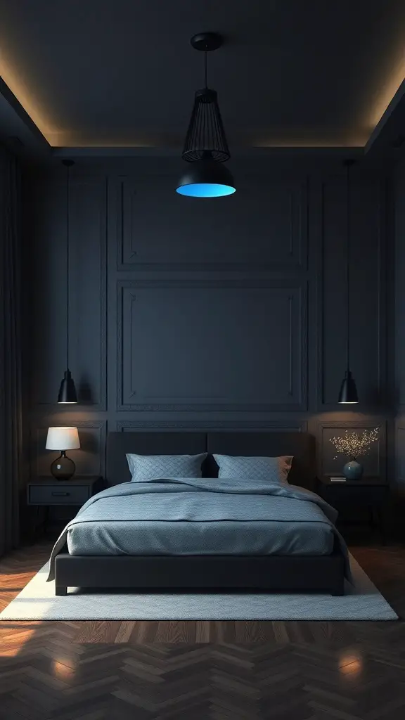 37+ Stunning Dark Blue Bedroom Ideas for a Cozy Retreat 13 A modern dark blue bedroom featuring stylish lighting fixtures.