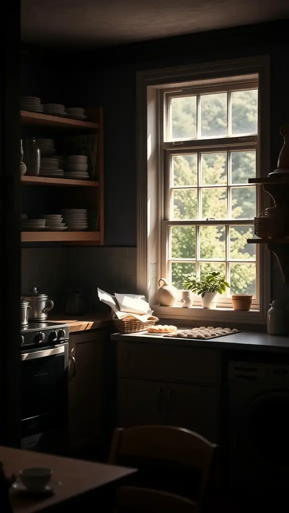 29+ Essential Items for a Cozy Dark Cottagecore Kitchen 8 A cozy kitchen nook with natural light, featuring a window, plants, and baked goods on the counter.