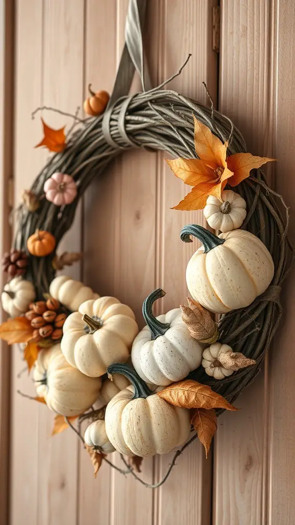 A vintage farmhouse style pumpkin wreath with white pumpkins and autumn leaves.