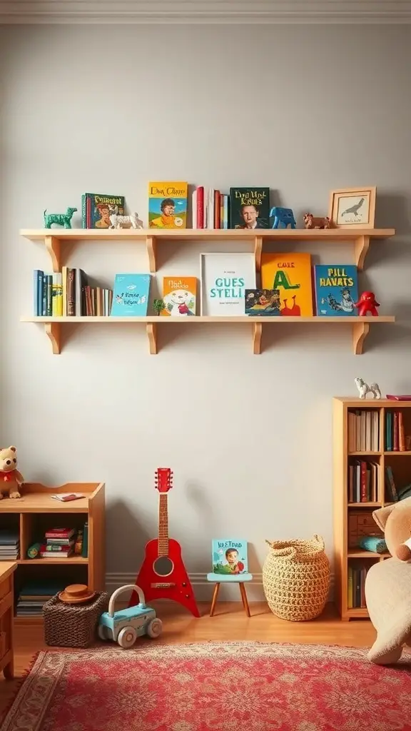 37+ Vintage Kids Room Ideas to Inspire Your Decor 15 A cozy vintage kids' room featuring classic wooden wall shelves filled with colorful books and toys.