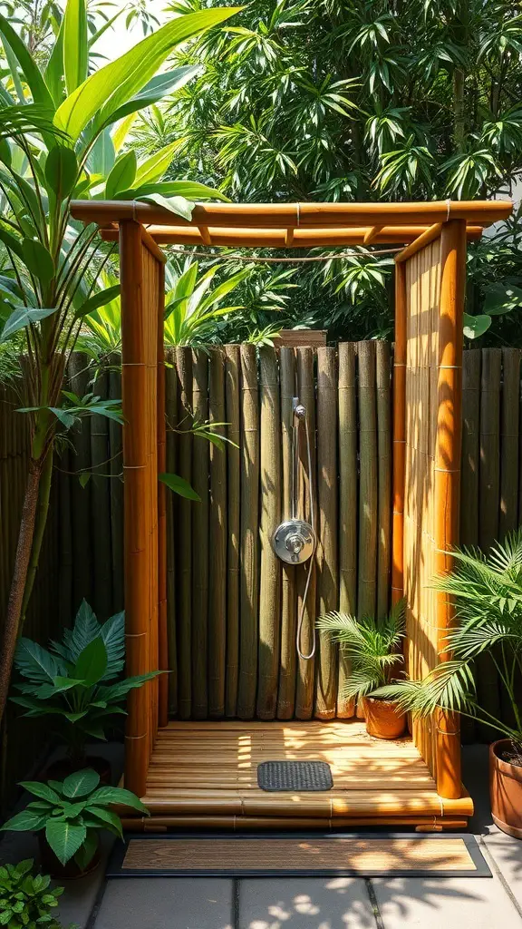 Eco-friendly bamboo outdoor shower surrounded by plants