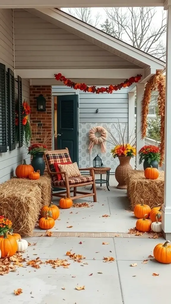 29+ Creative Halloween Porch Ideas to Spookify Your Home 15 A cozy porch decorated with hay bales as seating, pumpkins, and autumn decorations.