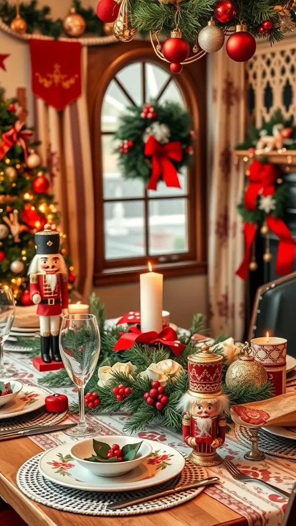 37+ Stunning Christmas Table Decorations You'll Love 15 Christmas table decorated with nutcracker figures, candles, and festive greenery