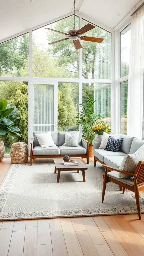 A bright and airy living room with large windows, featuring a cozy sofa, a coffee table, and a textured rug.