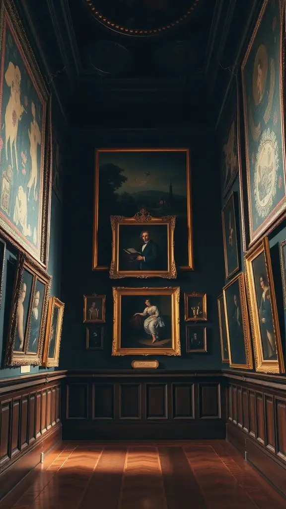 35+ Essential Dark Academia Decor Ideas for a Cozy Aesthetic 5 A hallway with dark walls showcasing various framed paintings and tapestries.