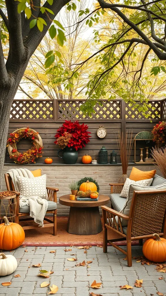29+ Creative Fall Outdoor Decor Ideas to Transform Your Space 13 Cozy outdoor seating area decorated for fall with pumpkins, chairs, and warm colors.