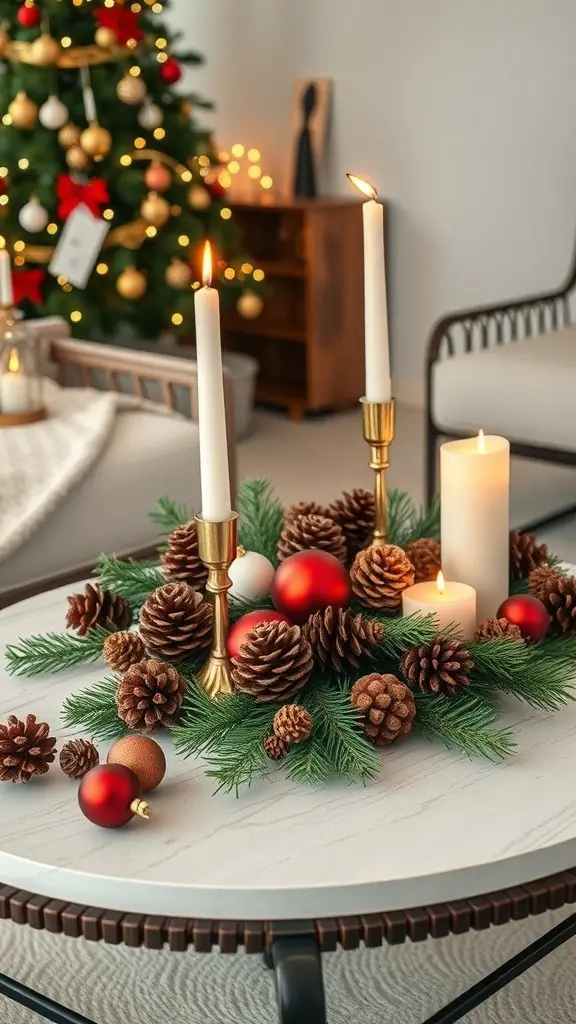 A festive Christmas centerpiece with pinecones, red ornaments, and candles on a table.