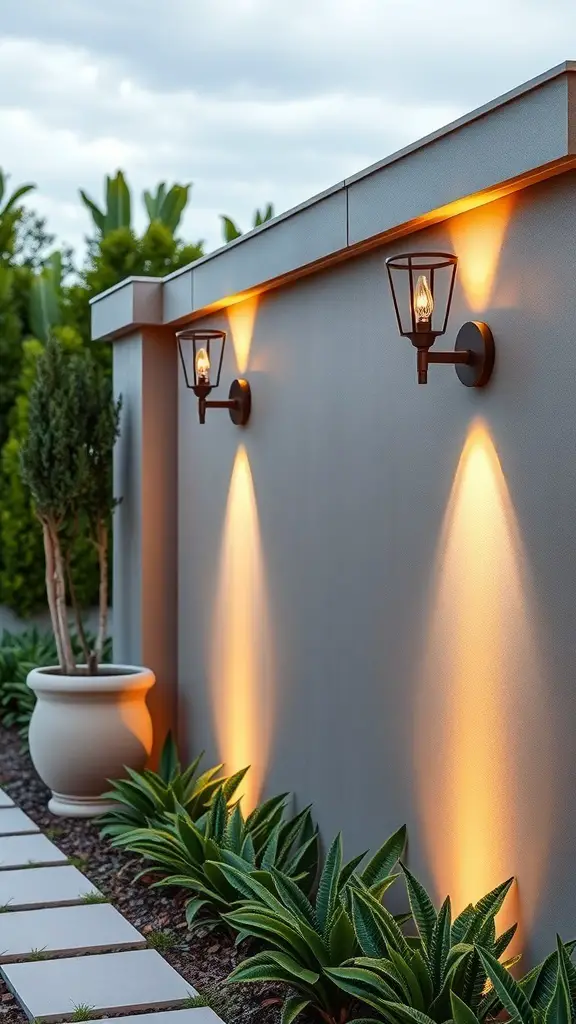 Wall-mounted sconces illuminating a garden wall with plants