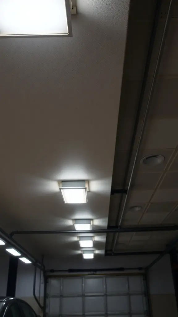 Bright LED lights installed on a garage ceiling