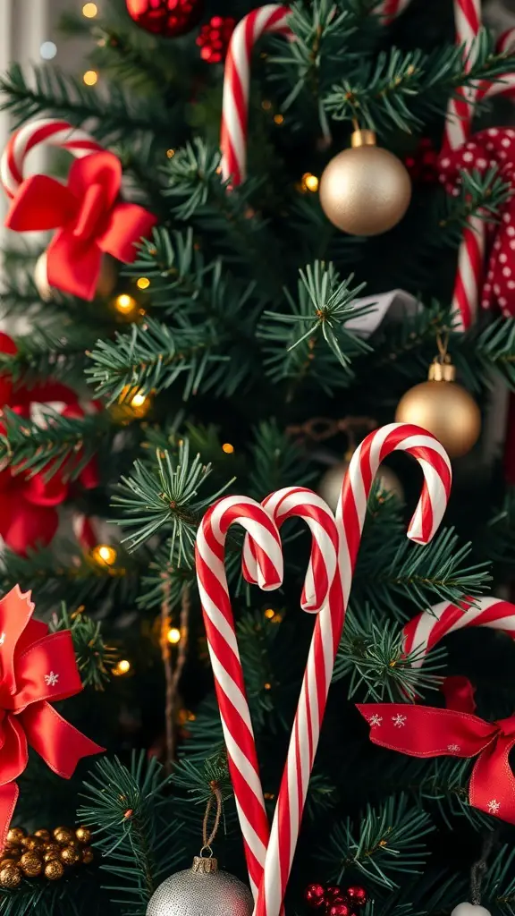 27+ Stunning Christmas Tree Décor Ideas You’ll Love 7 A Christmas tree decorated with candy canes, red bows, and gold ornaments.