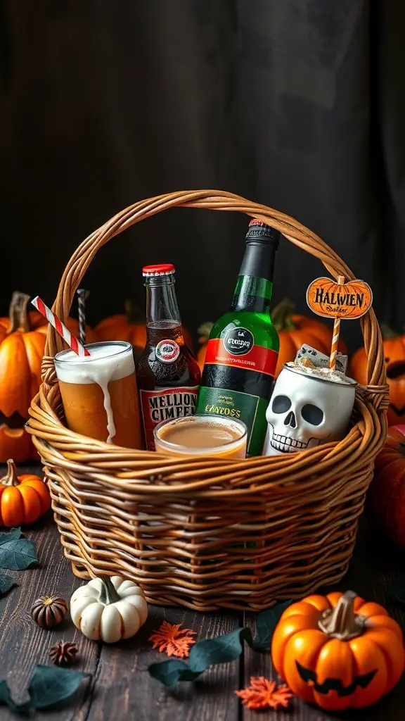 27+ Creative Boo Basket Ideas for a Spooktacular Surprise 13 A wicker basket filled with various beverages, including beer and soda, surrounded by pumpkins and autumn leaves.