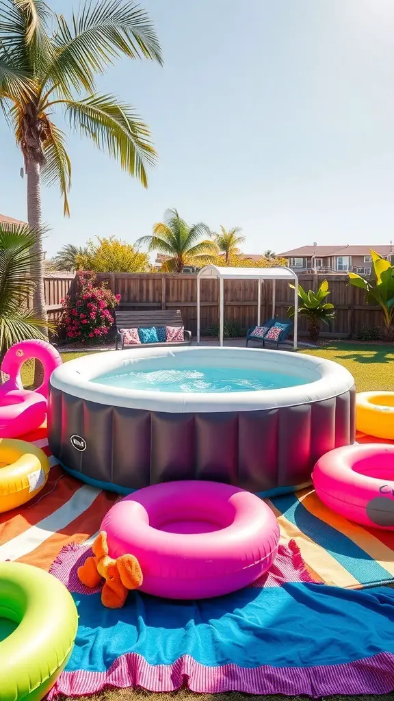 21+ Creative Backyard Inflatable Hot Tub Ideas 13 A colorful backyard featuring an inflatable hot tub surrounded by bright pool floats and a striped blanket.