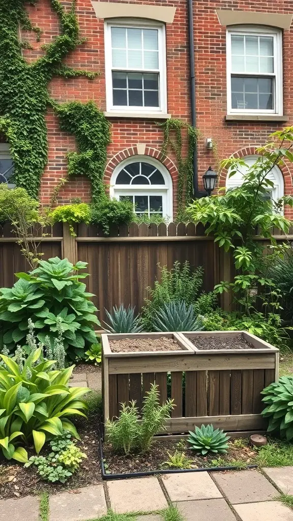A townhouse garden featuring raised beds and various plants, showcasing sustainable gardening practices.