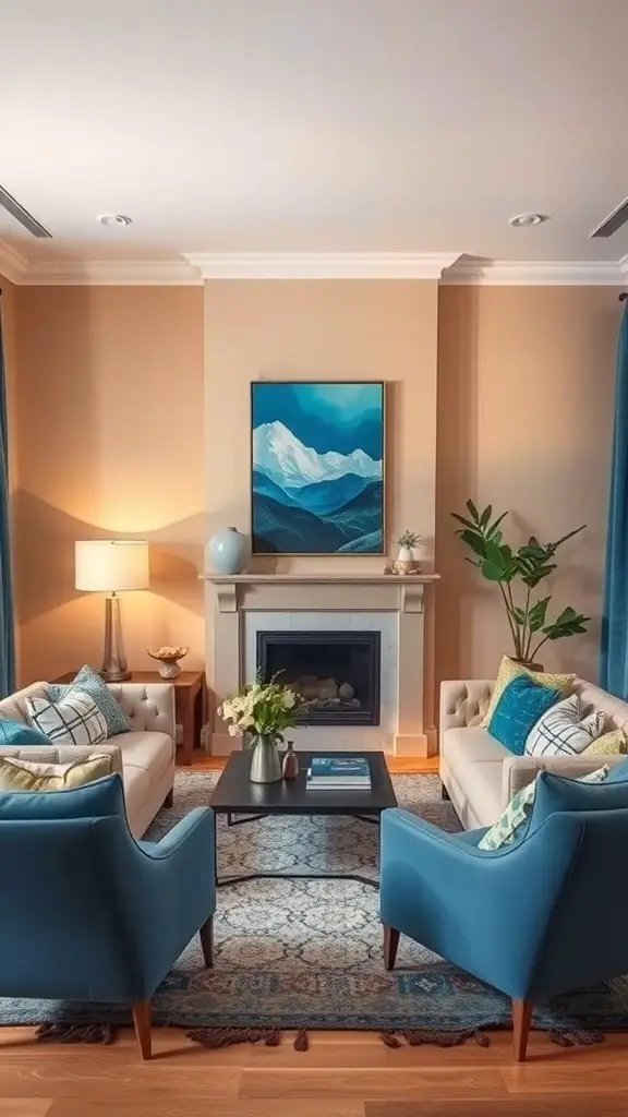 27+ Stunning Ideas for a Neutral and Blue Living Room Decor 20 A warm neutral living room with beige walls, light sofas, blue accent chairs, and a fireplace.