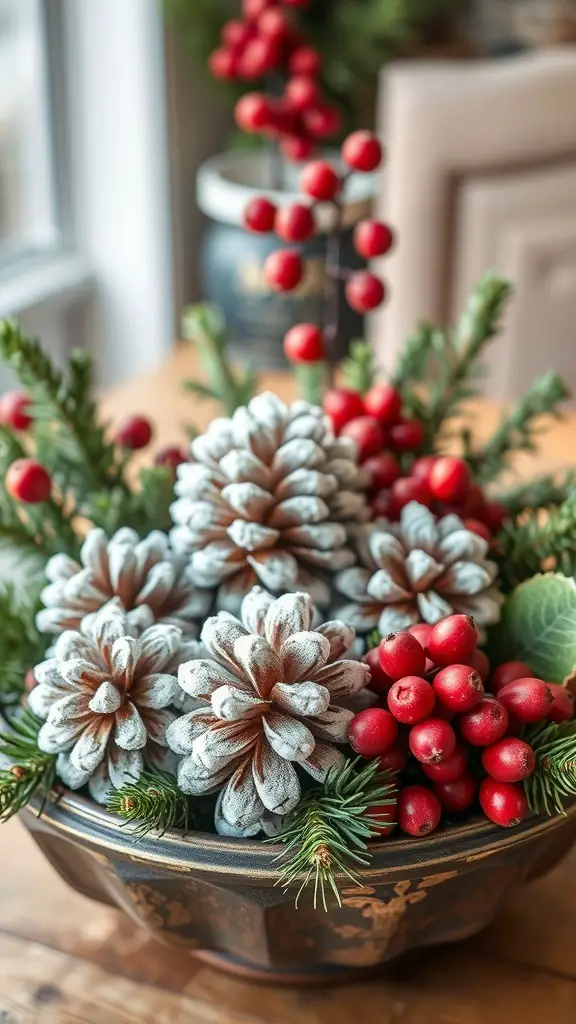 31+ Creative Christmas Centerpieces for Your Holiday Table 8 A festive centerpiece featuring frosted pinecones and red berries arranged in a decorative bowl.