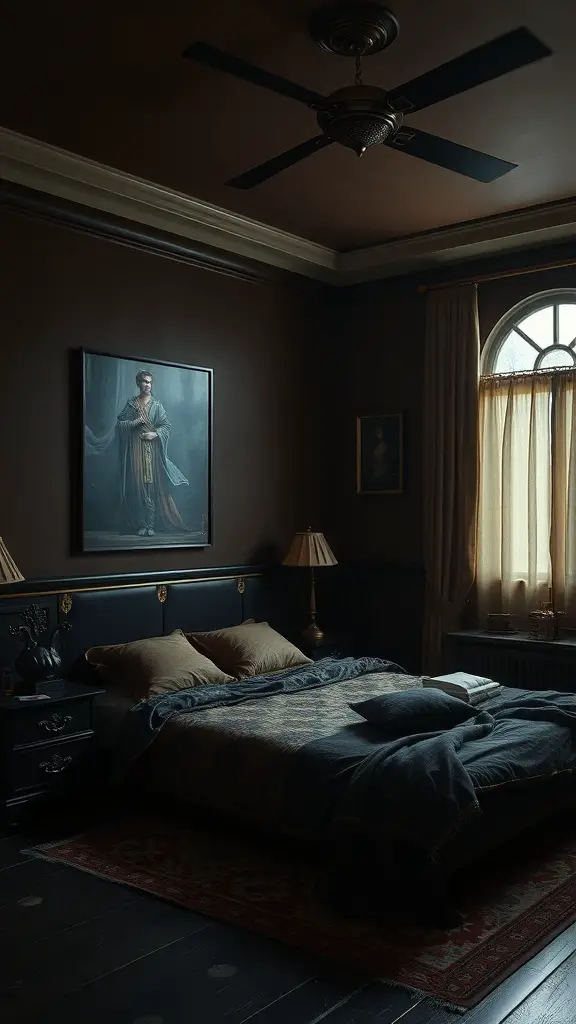 A dark and moody bedroom with brown walls, a cozy bed, and elegant decor.