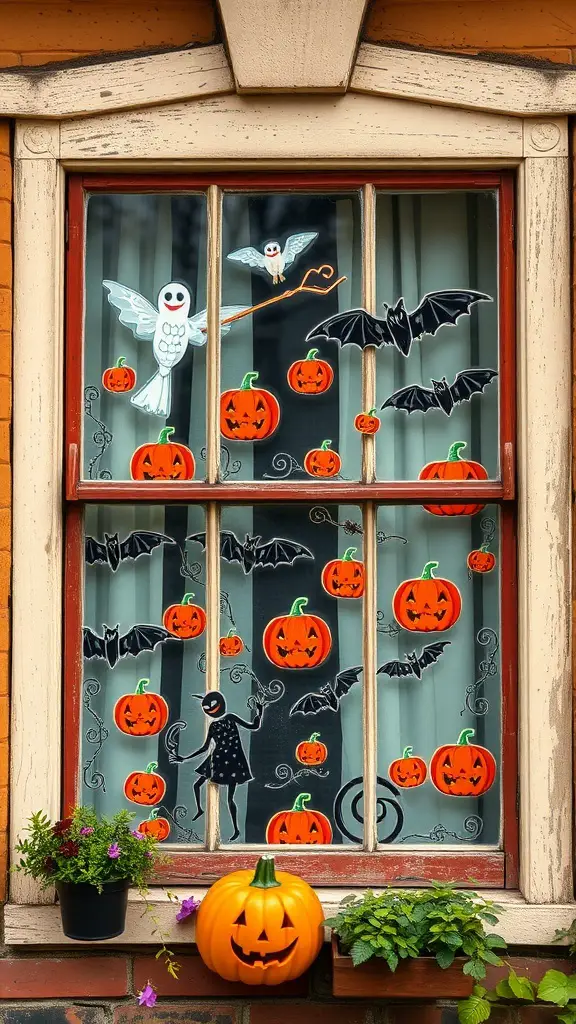 27+ Enchanting Vintage Halloween Decorations to Elevate Your Spooky Season 16 A window decorated with Halloween-themed clings featuring pumpkins, bats, and ghosts.