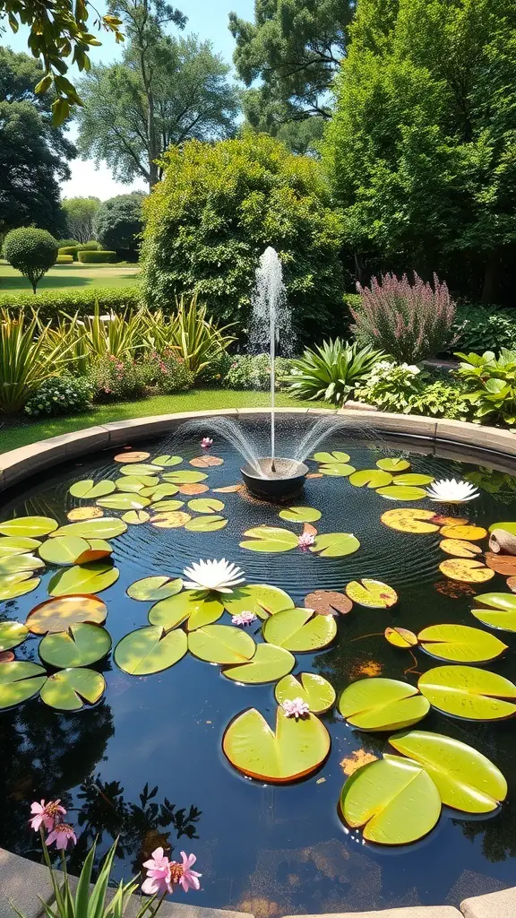 A serene garden pond featuring lily pads and a fountain.