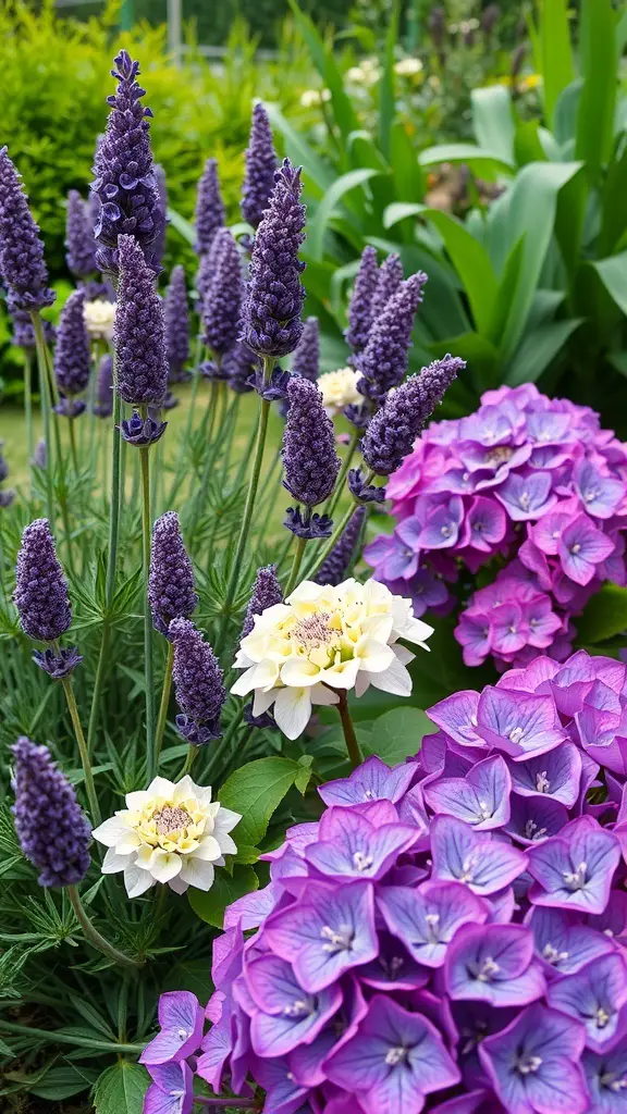 21+ Stunning Lavender and Hydrangea Landscaping Ideas to Transform Your Garden 2 A vibrant garden featuring lavender and hydrangeas in contrasting colors.
