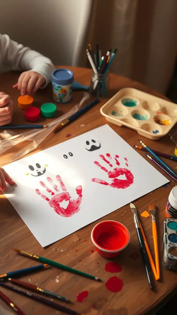 27+ Fun Halloween Crafts for Kids to Spook Up Your Season 2 A child making ghostly handprints with red paint on paper, surrounded by art supplies.