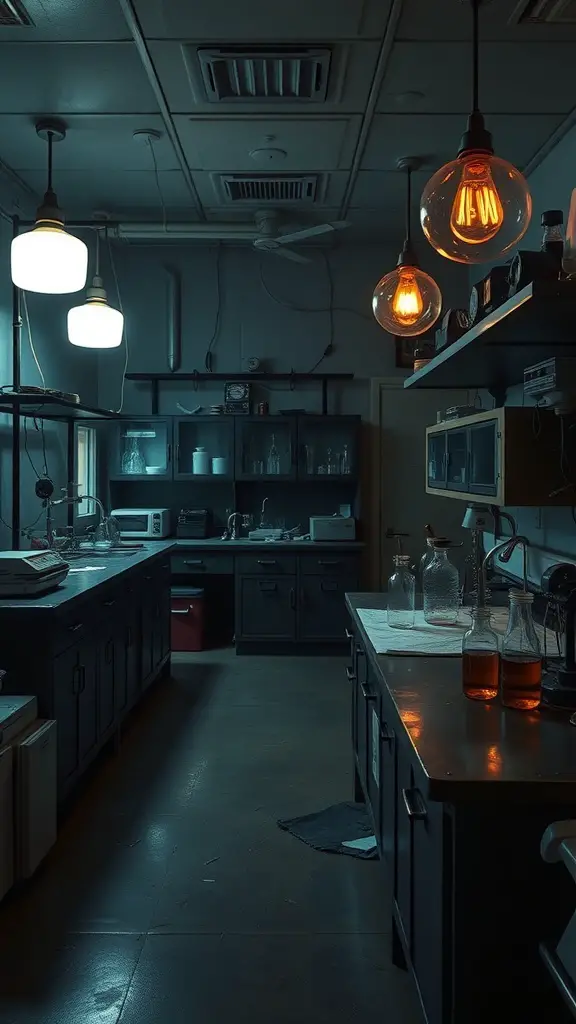 31+ Spooktacular Haunted House Ideas for Your Halloween Festival 17 A dimly lit laboratory with eerie orange and white lights, featuring dark cabinets and glass bottles.